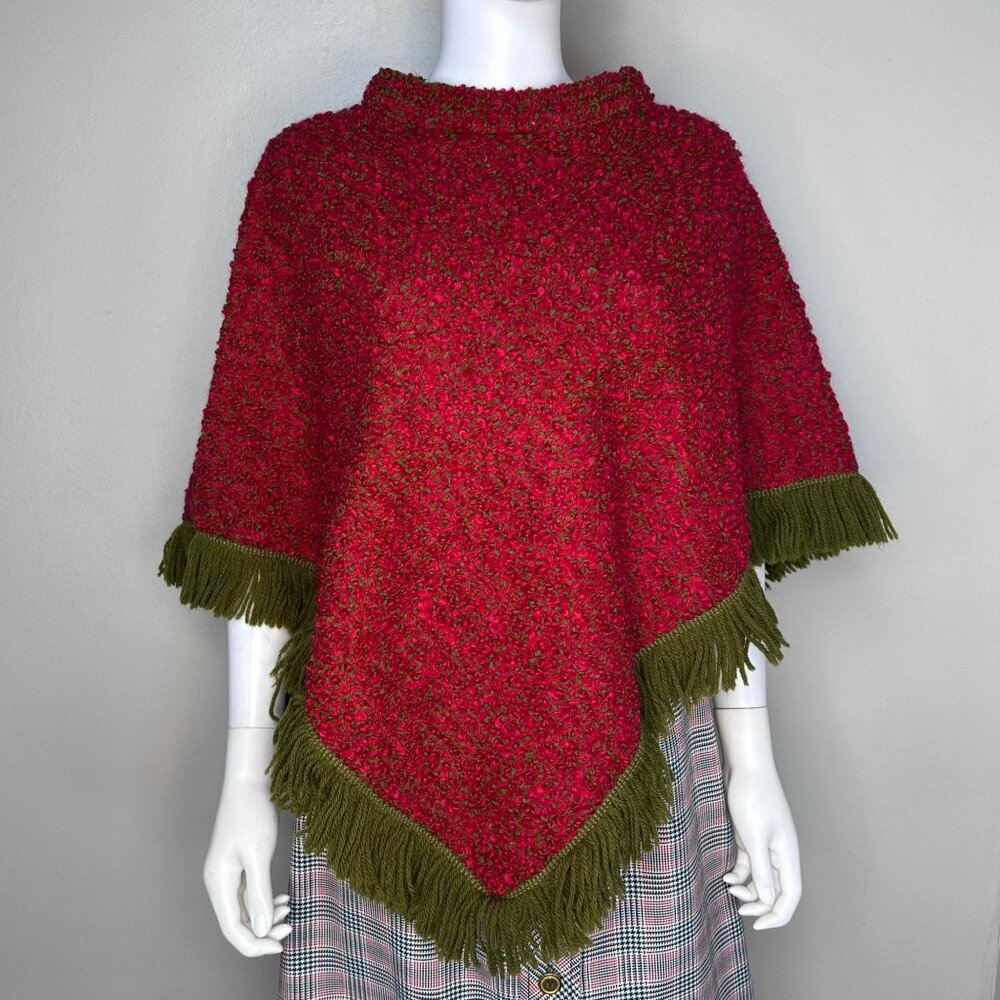 Vintage 1960s/70s Red and Green Boucle Poncho with Fringe, Handmade Size Small